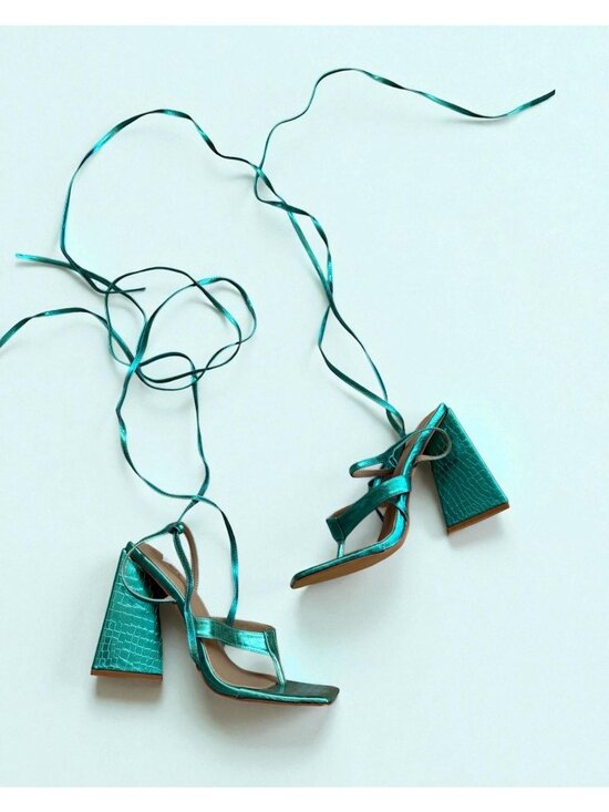 EGO Shoes - EGO Teal Metallic Lace Up Block Heels Sandals Size UK 7 / US 9